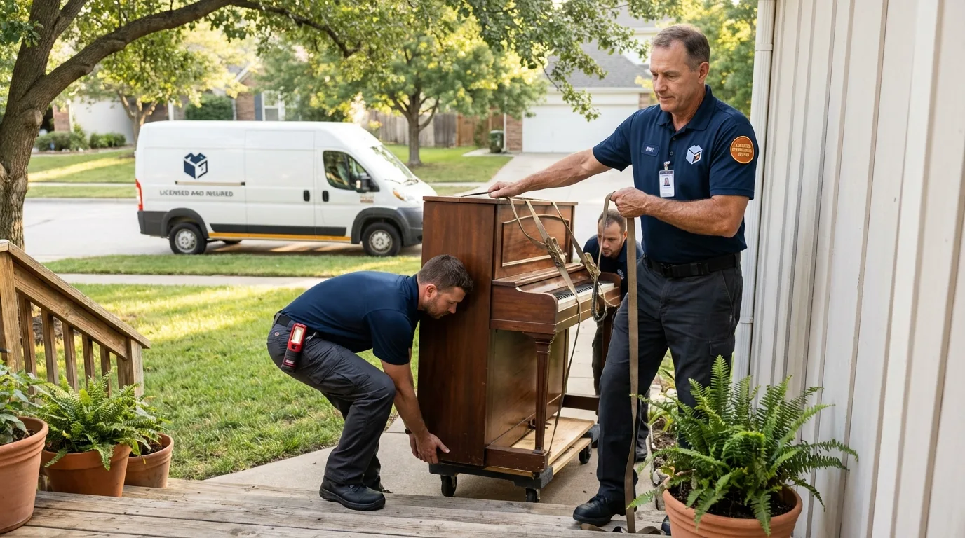 Licensed piano movers securing grand piano in Lafayette, AL