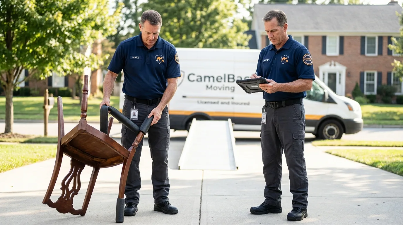 Movers inspecting furniture for damage prevention before loading in Lafayette, AL